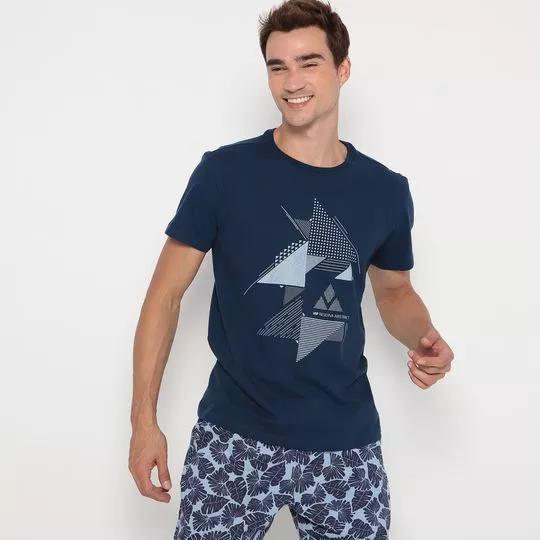 Camiseta Geométrica Em Tricô- Azul Marinho & Azul Claro