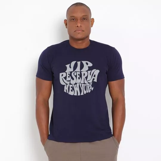Camiseta Com Inscrições- Azul Marinho & Cinza Claro