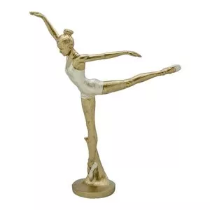 Escultura Decorativa Bailarina<BR>- Dourada & Off White<BR>- 28x22x6,5cm