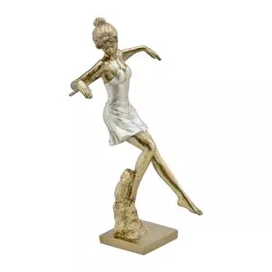 Escultura Decorativa Bailarina<BR>- Dourada & Off White<BR>- 25x16,5x11cm