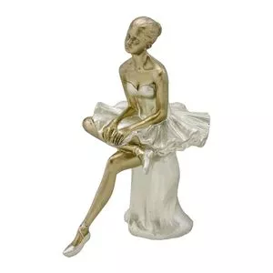 Escultura Decorativa Bailarina<BR>- Dourada & Off White<BR>- 19x10x14,5cm