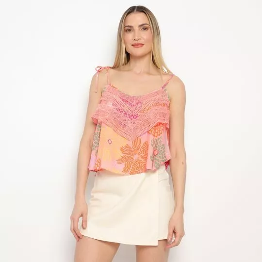 Blusa Floral Com Renda- Rosa Claro & Laranja