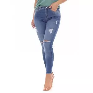 Calça Jeans Skinny Destroyed<BR>- Azul Marinho