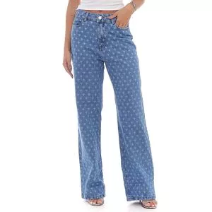 Calça Jeans Wide Leg Estrelas<BR>- Azul & Off White