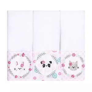 Kit De Paninhos De Boca Com Animais<BR>- Branco & Rosa<BR>- 3Pçs<BR>- 106 Fios