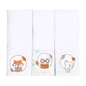 Kit De Paninhos De Boca Com Animais<BR>- Branco & Laranja<BR>- 3Pçs<BR>- 106 Fios