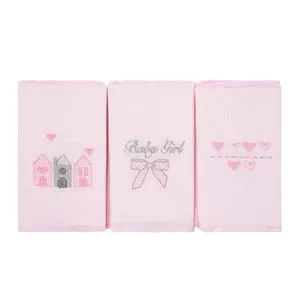 Kit De Paninhos De Boca Com Bordado<BR>- Rosa & Cinza<BR>- 3Pçs<BR>- 106 Fios