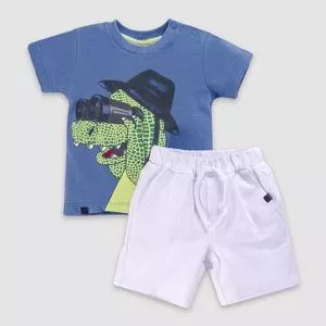 Conjunto De Camiseta Dinossauro & Bermuda<BR>- Azul Escuro & Branco