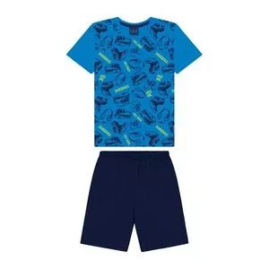 Conjunto De Camiseta & Bermuda Texturizada<BR>- Azul Turquesa & Azul<BR>- DDK
