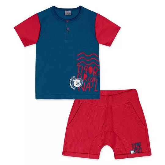 Conjunto De Camiseta & Bermuda- Vermelho & Azul Escuro