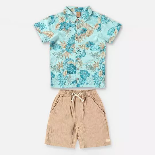Conjunto De Camisa Floral & Bermuda Texturizada- Azul Claro & Bege- Up Baby