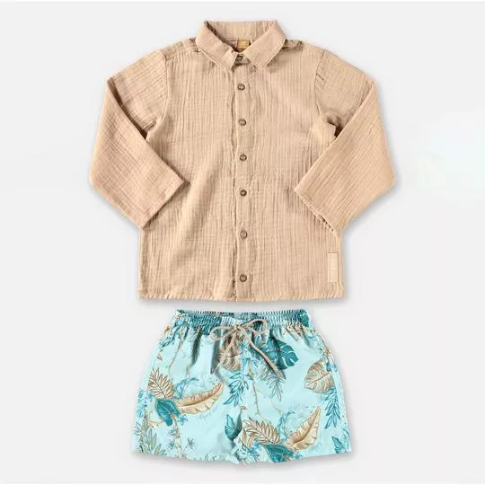Conjunto De Camisa Texturizada & Bermuda Floral- Bege & Azul Claro- Up Baby