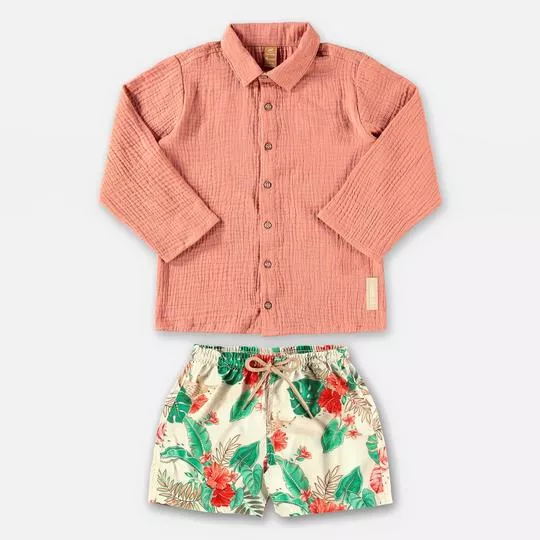 Conjunto De Camisa Texturizada & Bermuda Floral- Laranja Claro & Off White- Up Baby