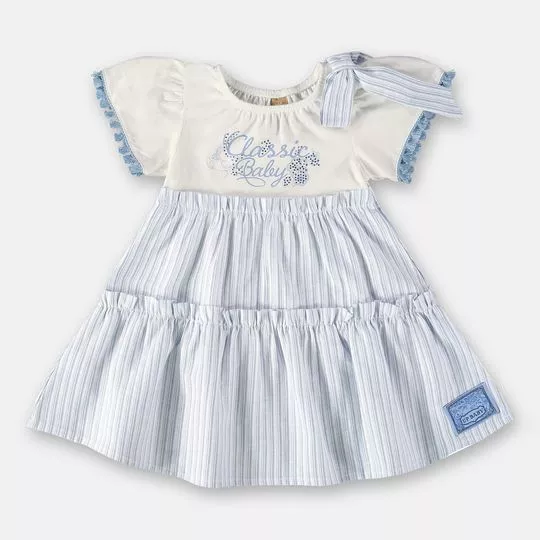 Vestido Com Franzidos- Off White & Azul Claro- Up Baby