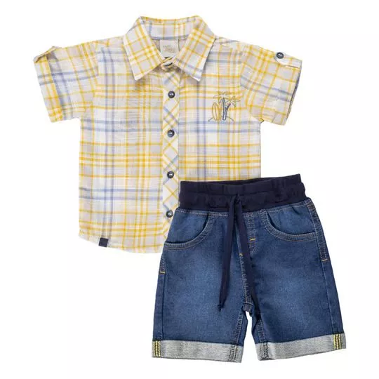 Conjunto De Camisa Xadrez & Bermuda Jeans- Amarelo & Azul