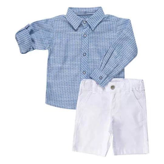 Conjunto De Camisa Xadrez & Bermuda Com Franzidos- Azul & Branco