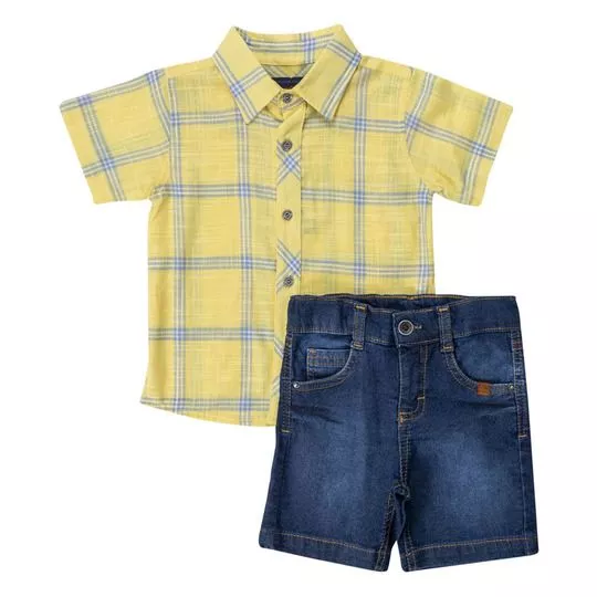 Conjunto De Camisa & Bermuda Jeans Com Recortes- Azul & Amarelo