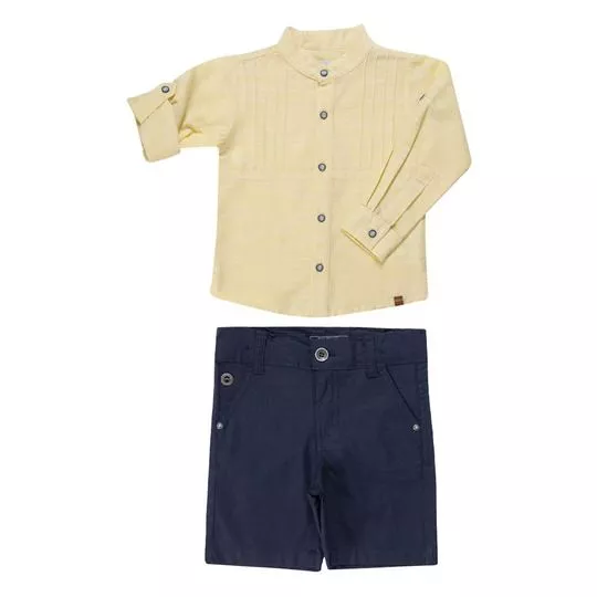 Conjunto De Camisa & Bermuda- Amarelo Claro & Azul Marinho