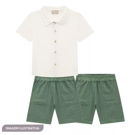 Conjunto De Camisa & Bermuda- Branco & Verde Escuro- Milon