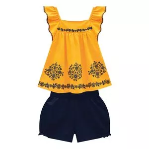 Conjunto De Blusa Floral & Short<BR>- Amarelo & Azul Marinho<BR>- Milon