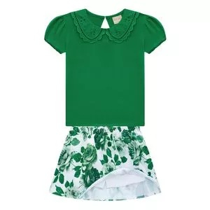 Conjunto De Blusa & Short Saia Floral<BR>- Verde & Branco<BR>- Milon