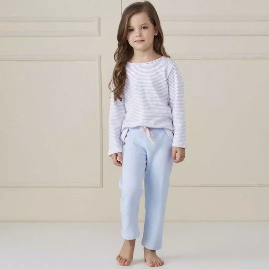 Pijama Listrado- Branco & Azul Claro