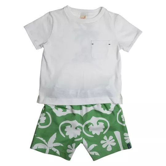 Conjunto De Camiseta & Bermuda Coqueiros- Branco & Verde
