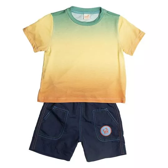 Conjunto De Camiseta Degradê & Bermuda Robô- Amarelo & Azul Marinho