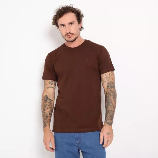 Camiseta Com Bordado- Marrom