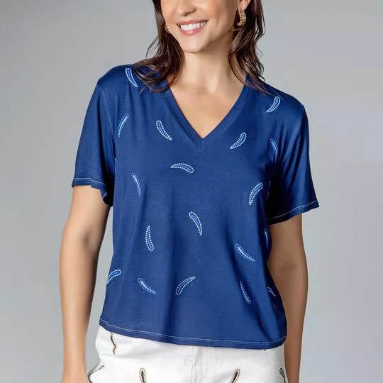 Camiseta Com Bordados- Azul Marinho & Azul Claro- MARIA VALENTINA