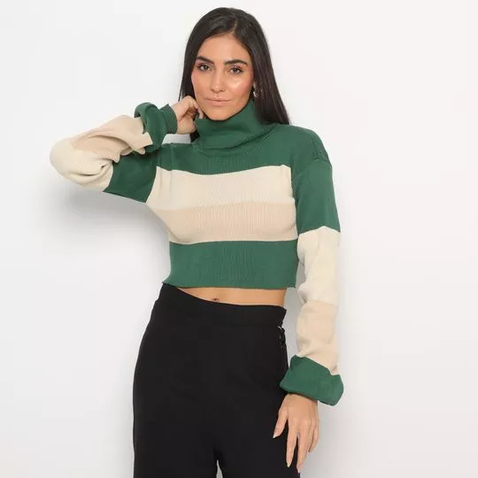 Suéter Cropped Em Tricô- Verde & Branco