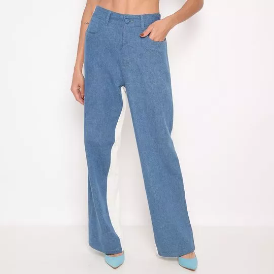 Calça Jeans Wide Leg Com Recortes- Azul & Off White- ZINCO