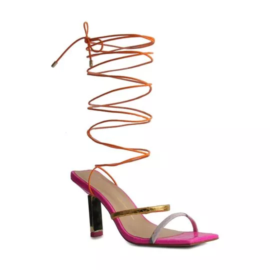 Sandália Em Couro Com Amarração- Pink & Laranja- Salto: 10,5cm- Luiza Barcelos