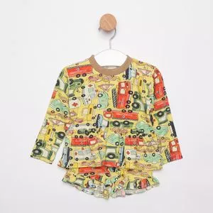 Conjunto De Blusa & Short Carros<BR>- Amarelo Claro & Vermelho<BR>- MiniTips