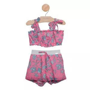 Conjunto De Cropped Conchas & Short<BR>- Rosa & Azul Turquesa<BR>- Gabriela Aquarela