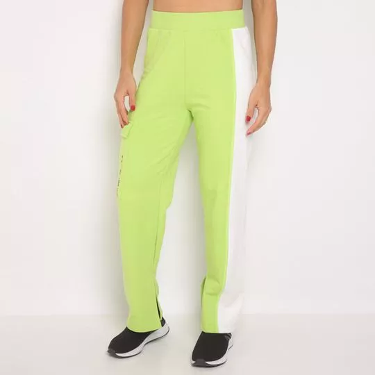 Calça Reta Em Moletom Com Bolso- Verde Claro & Branca