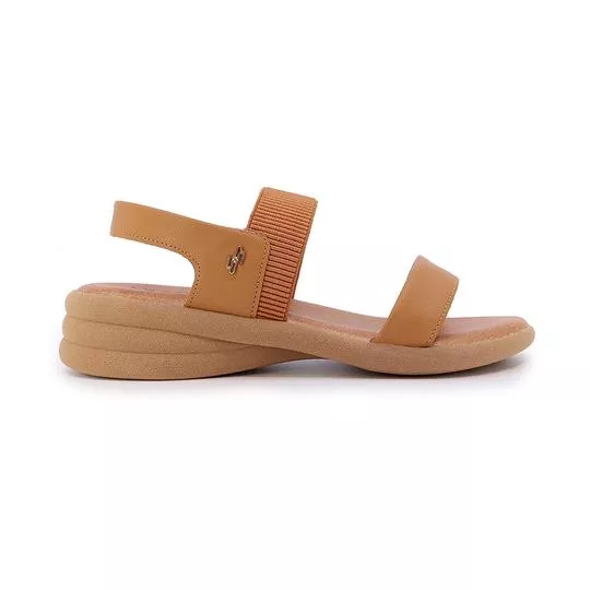 Sandália Em Couro Com Elástico- Caramelo- Salto: 4cm- Usaflex