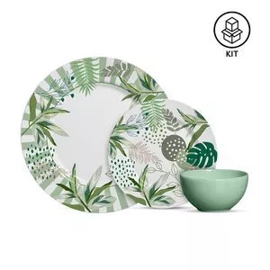 Aparelho De Jantar Herbal Strip<BR>- Branco & Verde<BR>- 12Pçs<BR>- Alleanza Ceramica
