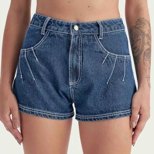 Short Jeans Com Pespontos- Azul Escuro & Branco
