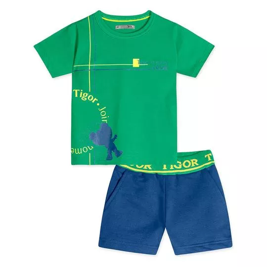 Conjunto De Camiseta & Bermuda Tigor®- Verde & Azul Marinho- LILICA RIPILICA & TIGOR