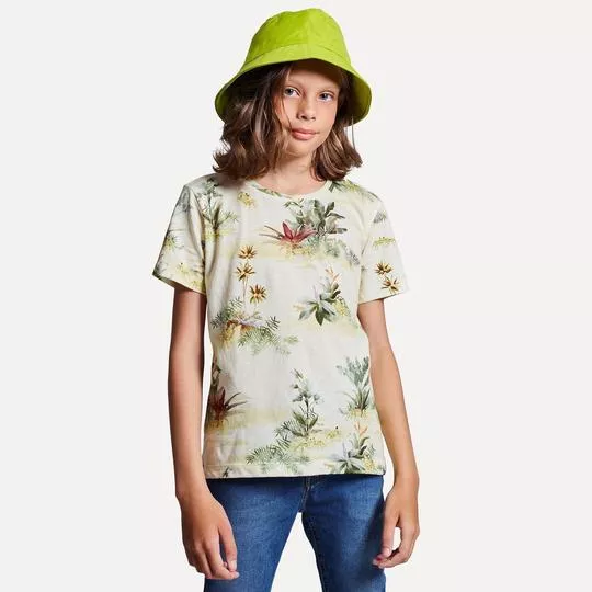 Camiseta Folhagens- Bege Claro & Verde- Reserva Mini