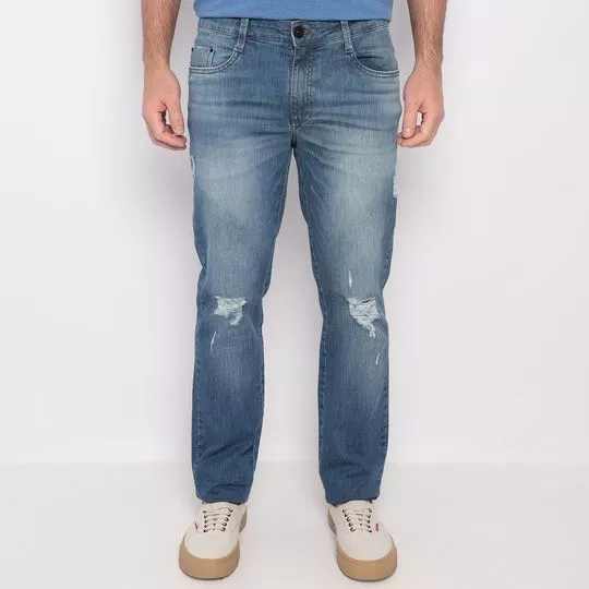 Calça Jeans Reta Com Puídos- Azul Claro- Aramis