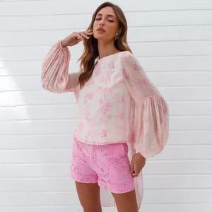 Blusa Alongada Jardim<BR>- Off White & Rosa