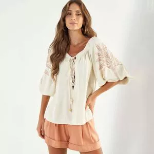 Blusa Com Linho<BR>- Off White & Laranja Escuro