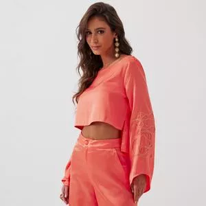 Cropped Com Bordado<BR>- Coral & Bege Claro