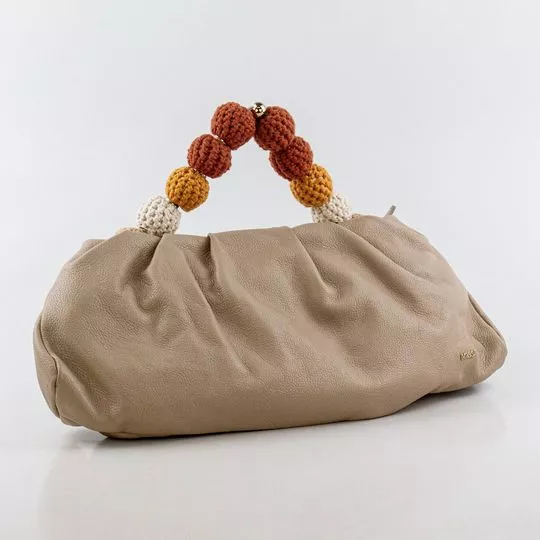 Bolsa De Mão Em Couro Com Crochê- Bege & Marrom- 37x14x7,5cm