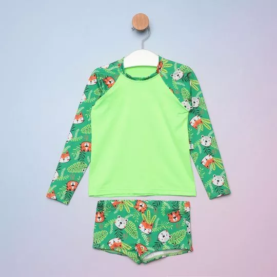 Conjunto De Camiseta & Sunga Boxer Animais Da Floresta- Verde & Verde Claro- Ceci Moda Praia