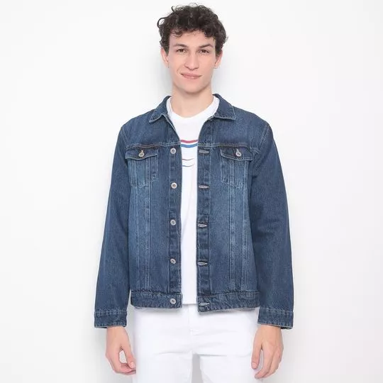 Jaqueta Jeans Com Recortes- Azul Marinho