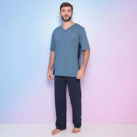 Pijama Com Inscrições- Azul Escuro & Azul Marinho- Lupo
