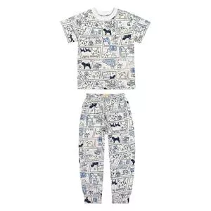 Pijama Cachorrinho<BR>- Off White & Azul Claro